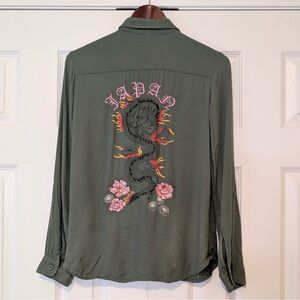 H&M Green Japan Dragon Cherry Blossom Floral Embroidered Collared Shirt